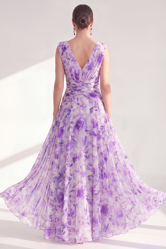 Purple A Line V-Neck Ruched Floral Long Chiffon Mother of the Bride Dress