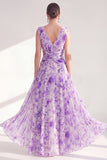 Purple A Line V-Neck Ruched Floral Long Chiffon Mother of the Bride Dress