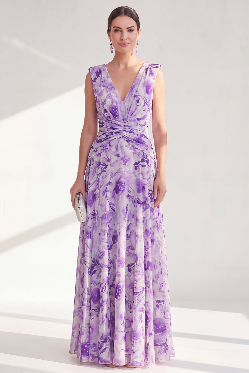 Purple A Line V-Neck Ruched Floral Long Chiffon Mother of the Bride Dress