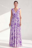 Purple A Line V-Neck Ruched Floral Long Chiffon Mother of the Bride Dress