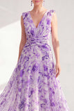 Purple A Line V-Neck Ruched Floral Long Chiffon Mother of the Bride Dress