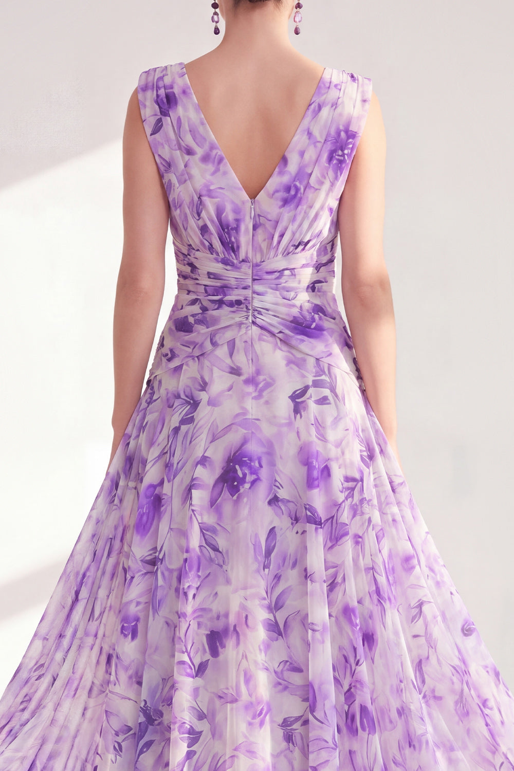 Purple A Line V-Neck Ruched Floral Long Chiffon Mother of the Bride Dress