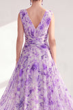 Purple A Line V-Neck Ruched Floral Long Chiffon Mother of the Bride Dress