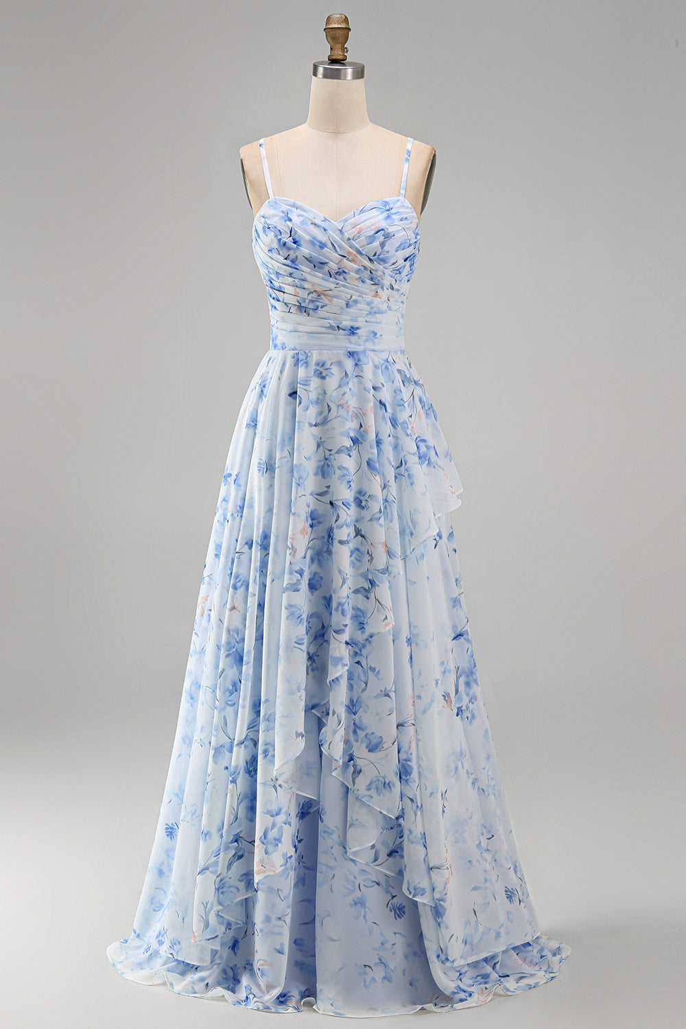 Blue Floral A Line Long Spaghetti Straps Mother of the Bride Dress with Ruffles