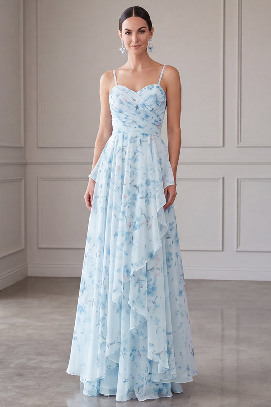 Blue Floral A Line Long Spaghetti Straps Mother of the Bride Dress with Ruffles