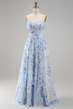 Blue Floral A Line Long Spaghetti Straps Mother of the Bride Dress with Ruffles