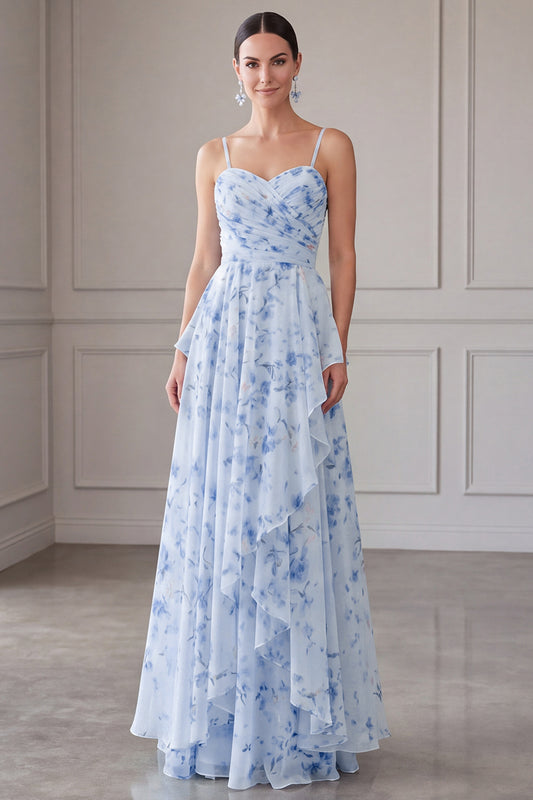 Blue Floral A Line Long Spaghetti Straps Mother of the Bride Dress with Ruffles