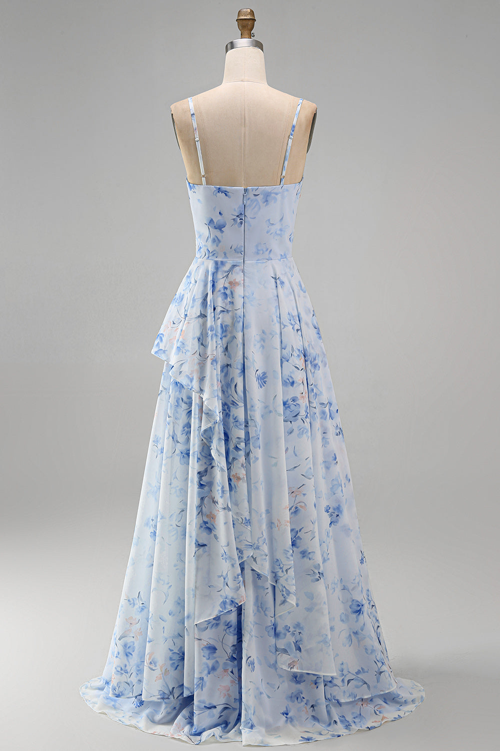 Blue Floral A Line Long Spaghetti Straps Mother of the Bride Dress with Ruffles