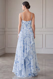 Blue Floral A Line Long Spaghetti Straps Mother of the Bride Dress with Ruffles