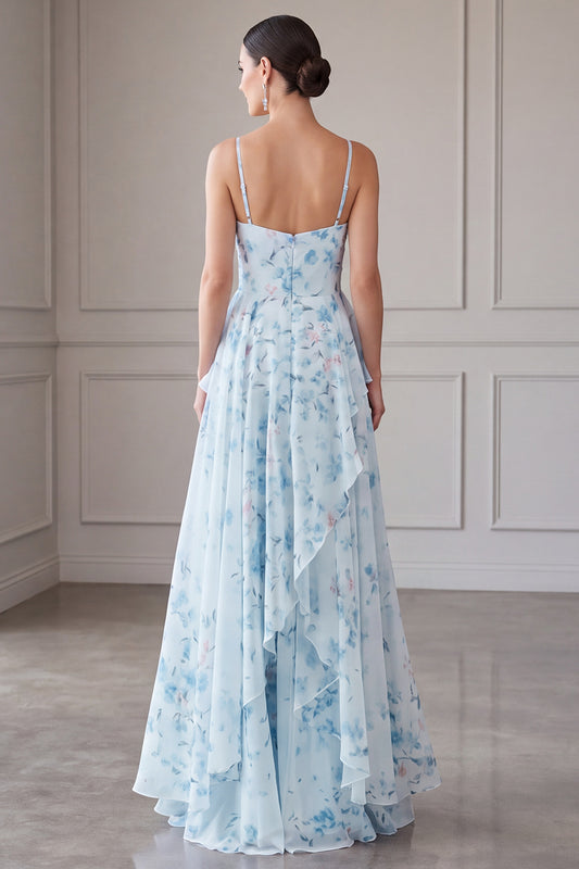 Blue Floral A Line Long Spaghetti Straps Mother of the Bride Dress with Ruffles