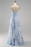 Blue Floral A Line Long Spaghetti Straps Mother of the Bride Dress with Ruffles
