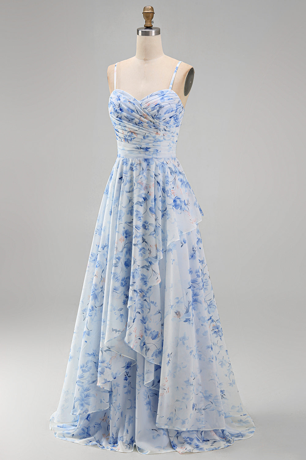 Blue Floral A Line Long Spaghetti Straps Mother of the Bride Dress with Ruffles