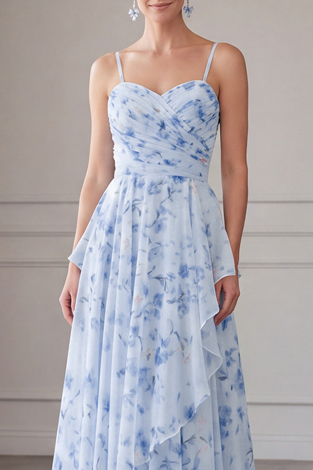 Blue Floral A Line Long Spaghetti Straps Mother of the Bride Dress with Ruffles