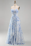 Blue Floral A Line Long Spaghetti Straps Mother of the Bride Dress with Ruffles