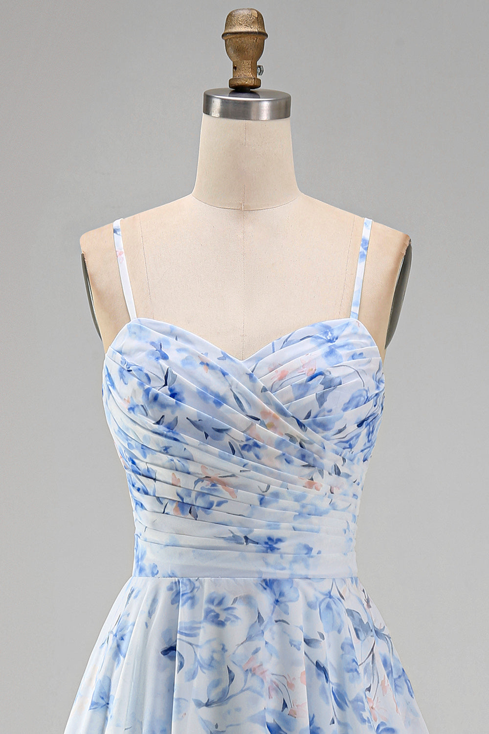 Blue Floral A Line Long Spaghetti Straps Mother of the Bride Dress with Ruffles