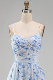Blue Floral A Line Long Spaghetti Straps Mother of the Bride Dress with Ruffles