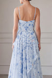 Blue Floral A Line Long Spaghetti Straps Mother of the Bride Dress with Ruffles