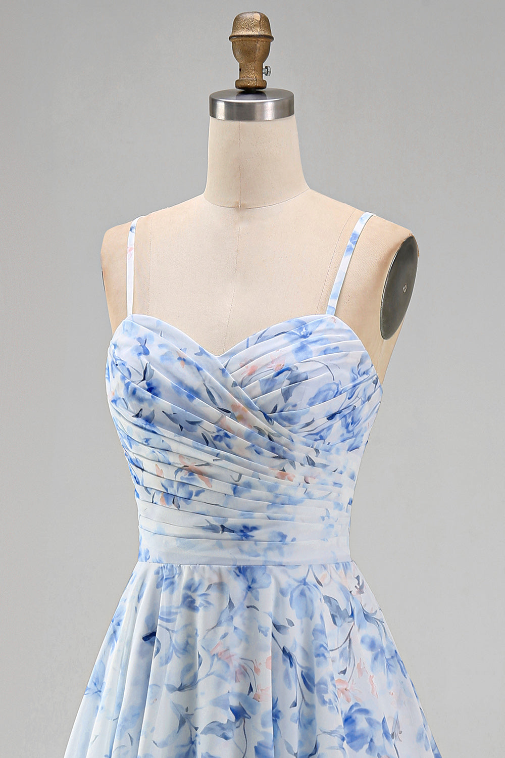 Blue Floral A Line Long Spaghetti Straps Mother of the Bride Dress with Ruffles