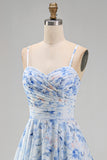 Blue Floral A Line Long Spaghetti Straps Mother of the Bride Dress with Ruffles