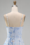 Blue Floral A Line Long Spaghetti Straps Mother of the Bride Dress with Ruffles