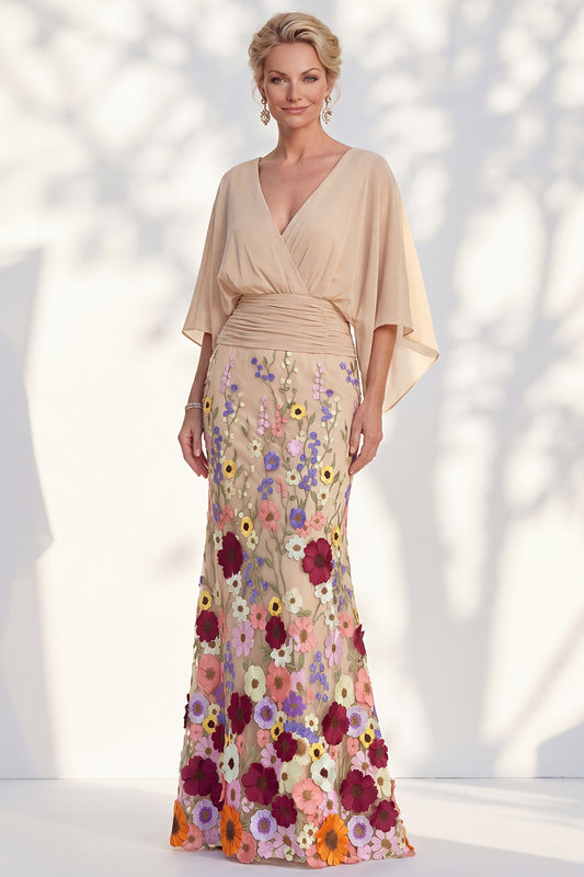 Champagne Long Floral Mermaid V-Neck Mother of the Bride Dress with Sleeves