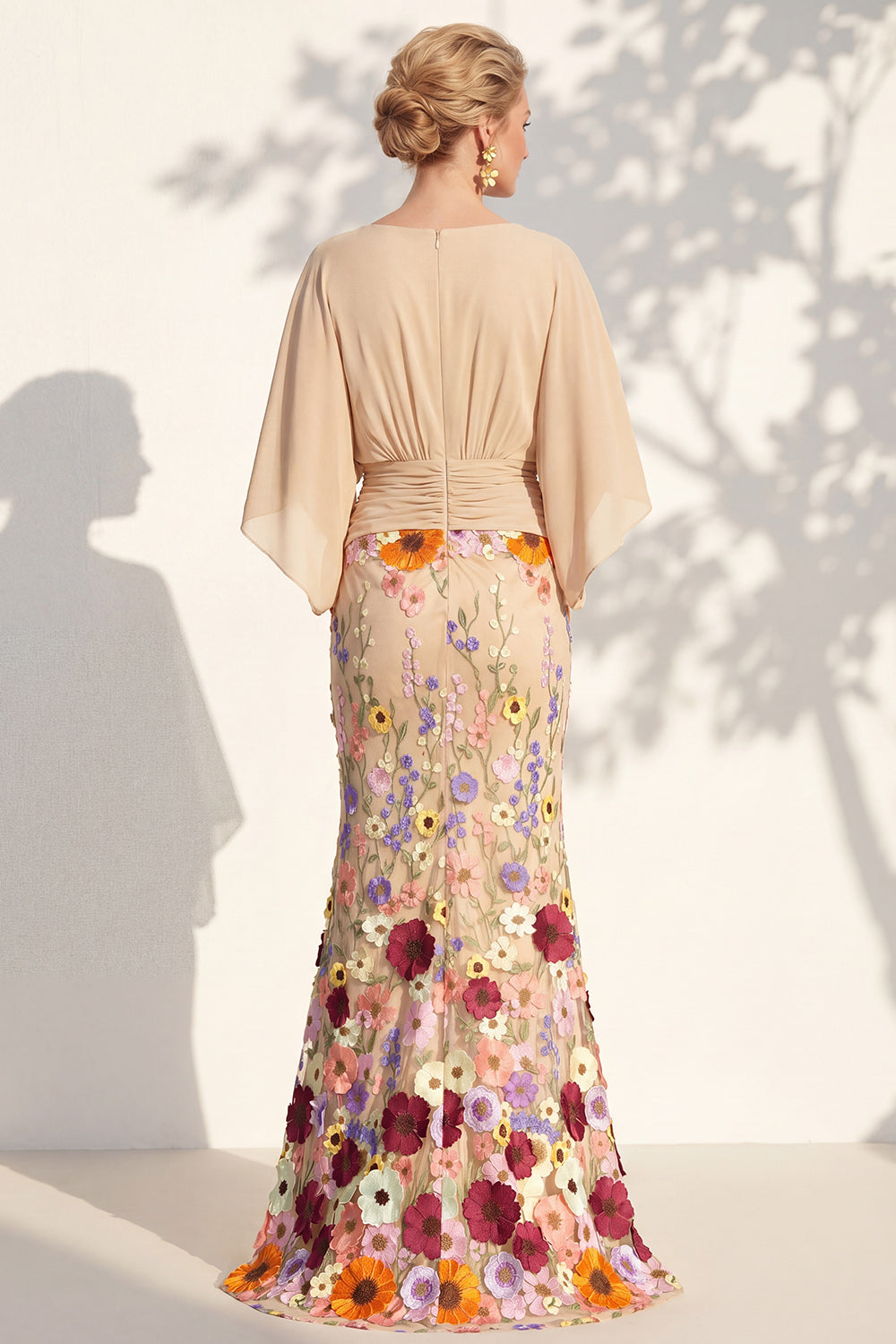 Champagne Long Floral Mermaid V-Neck Mother of the Bride Dress with Sleeves