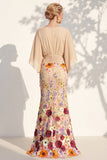 Champagne Long Floral Mermaid V-Neck Mother of the Bride Dress with Sleeves