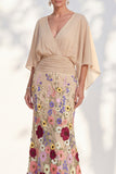 Champagne Long Floral Mermaid V-Neck Mother of the Bride Dress with Sleeves