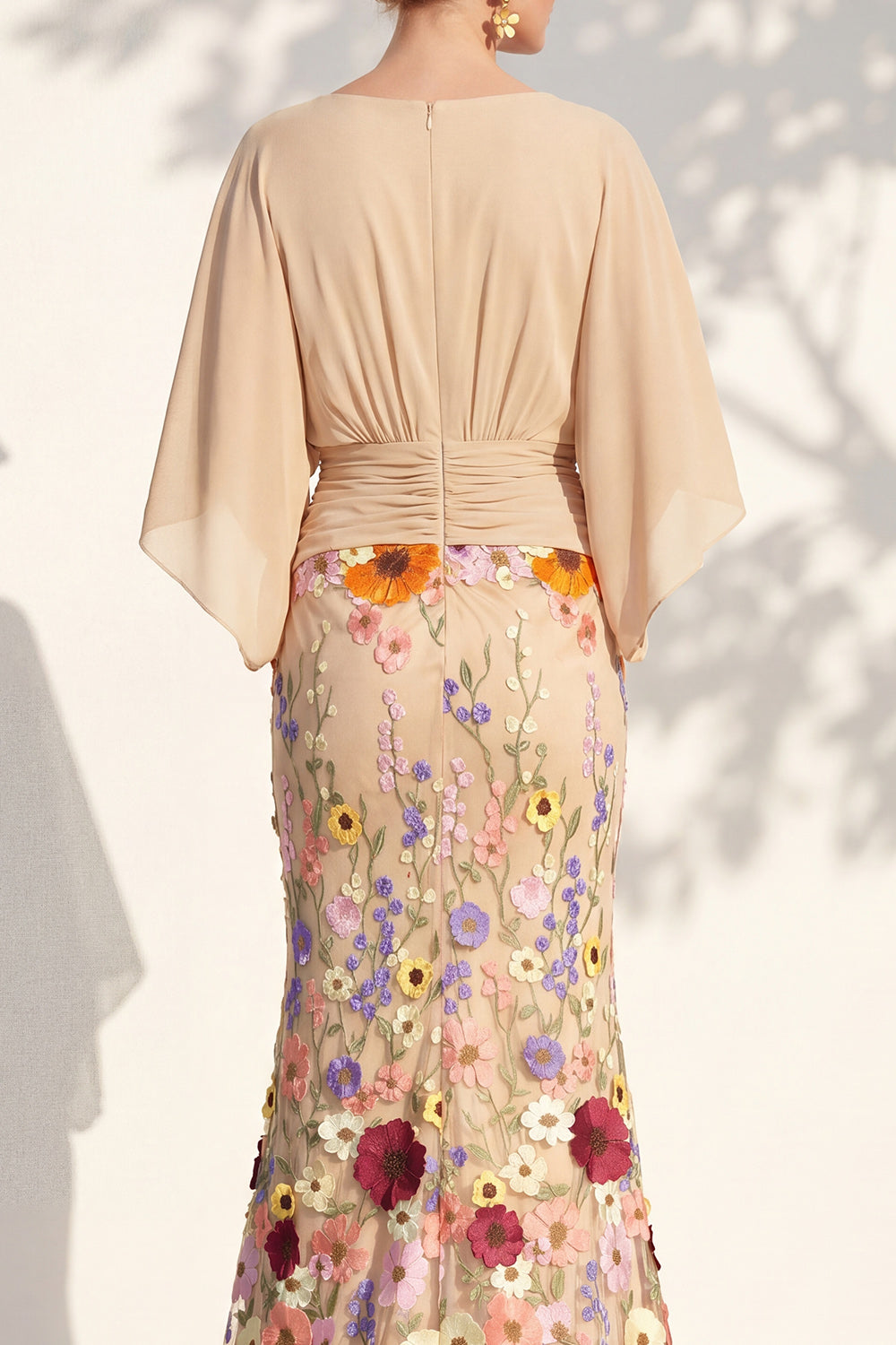 Champagne Long Floral Mermaid V-Neck Mother of the Bride Dress with Sleeves