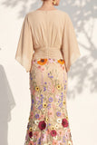 Champagne Long Floral Mermaid V-Neck Mother of the Bride Dress with Sleeves