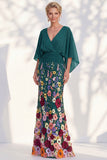 Champagne Long Floral Mermaid V-Neck Mother of the Bride Dress with Sleeves
