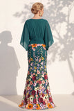 Champagne Long Floral Mermaid V-Neck Mother of the Bride Dress with Sleeves