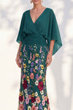 Champagne Long Floral Mermaid V-Neck Mother of the Bride Dress with Sleeves