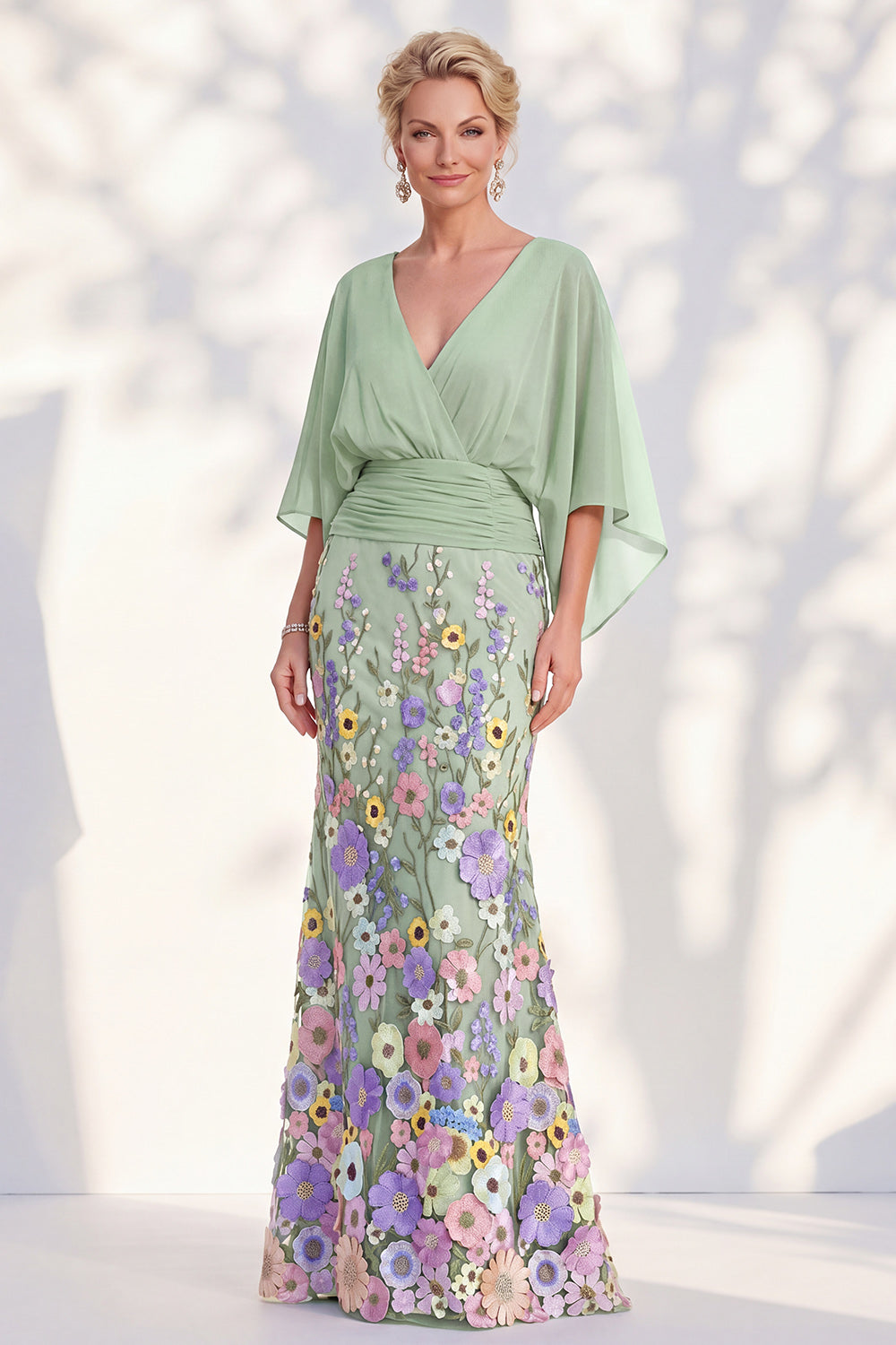 Champagne Long Floral Mermaid V-Neck Mother of the Bride Dress with Sleeves