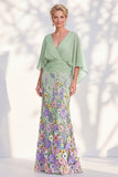 Champagne Long Floral Mermaid V-Neck Mother of the Bride Dress with Sleeves