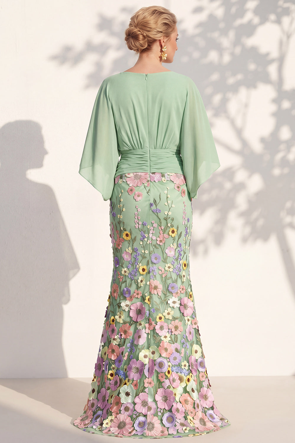Champagne Long Floral Mermaid V-Neck Mother of the Bride Dress with Sleeves