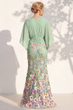Champagne Long Floral Mermaid V-Neck Mother of the Bride Dress with Sleeves