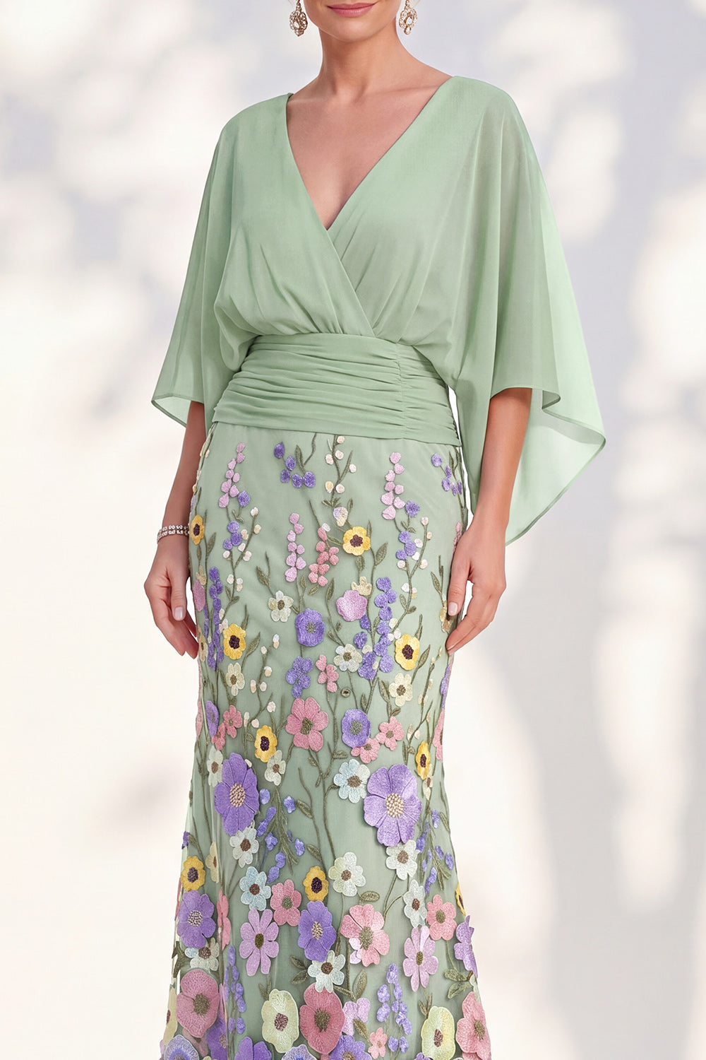 Champagne Long Floral Mermaid V-Neck Mother of the Bride Dress with Sleeves