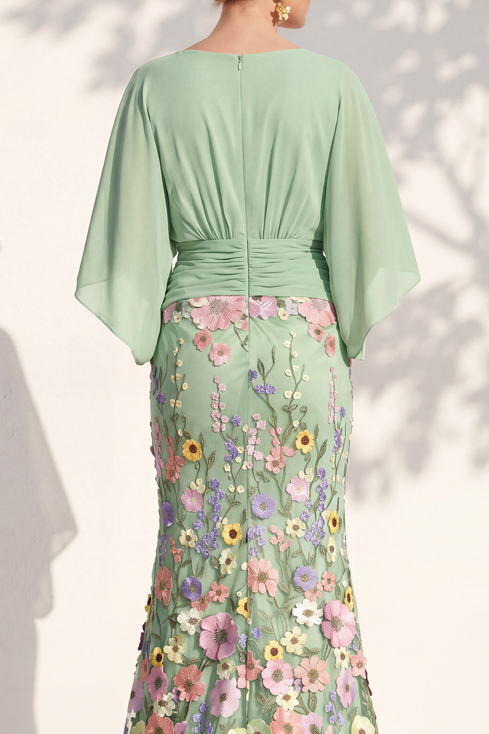 Champagne Long Floral Mermaid V-Neck Mother of the Bride Dress with Sleeves