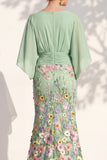 Champagne Long Floral Mermaid V-Neck Mother of the Bride Dress with Sleeves
