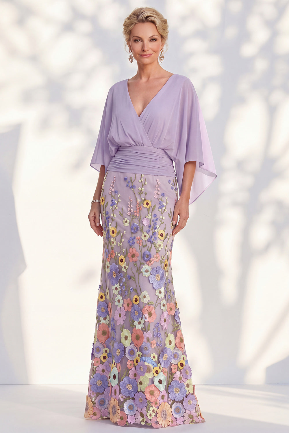 Champagne Long Floral Mermaid V-Neck Mother of the Bride Dress with Sleeves