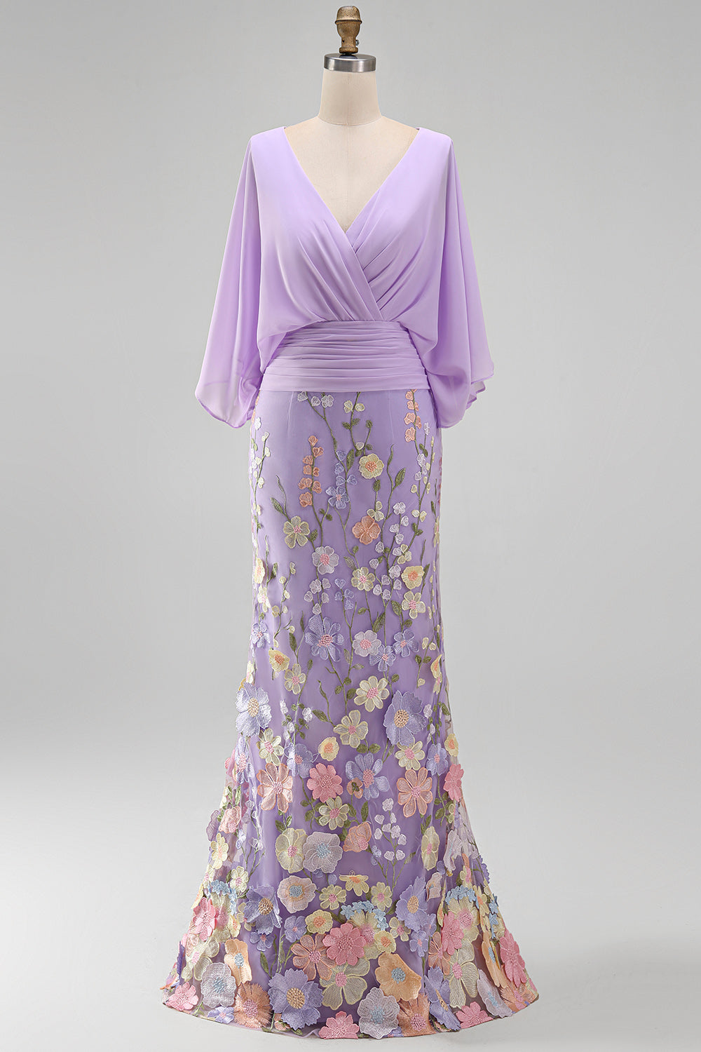 Champagne Long Floral Mermaid V-Neck Mother of the Bride Dress with Sleeves