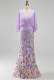 Champagne Long Floral Mermaid V-Neck Mother of the Bride Dress with Sleeves