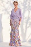 Champagne Long Floral Mermaid V-Neck Mother of the Bride Dress with Sleeves