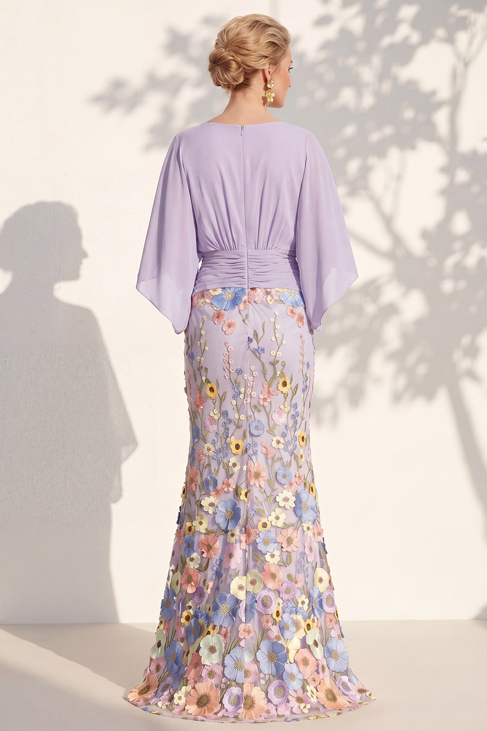 Champagne Long Floral Mermaid V-Neck Mother of the Bride Dress with Sleeves