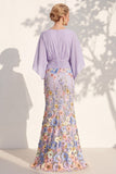 Champagne Long Floral Mermaid V-Neck Mother of the Bride Dress with Sleeves