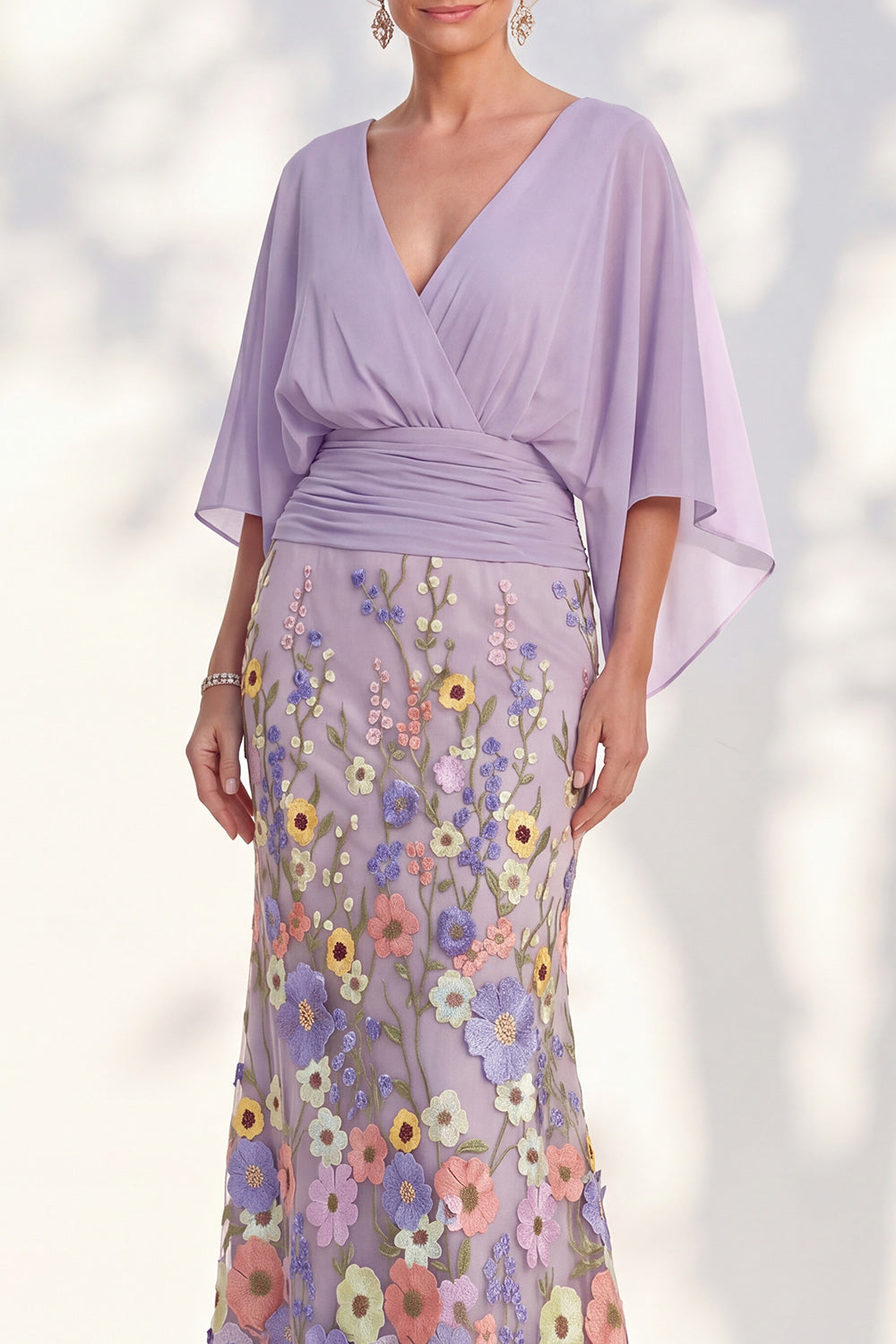 Champagne Long Floral Mermaid V-Neck Mother of the Bride Dress with Sleeves