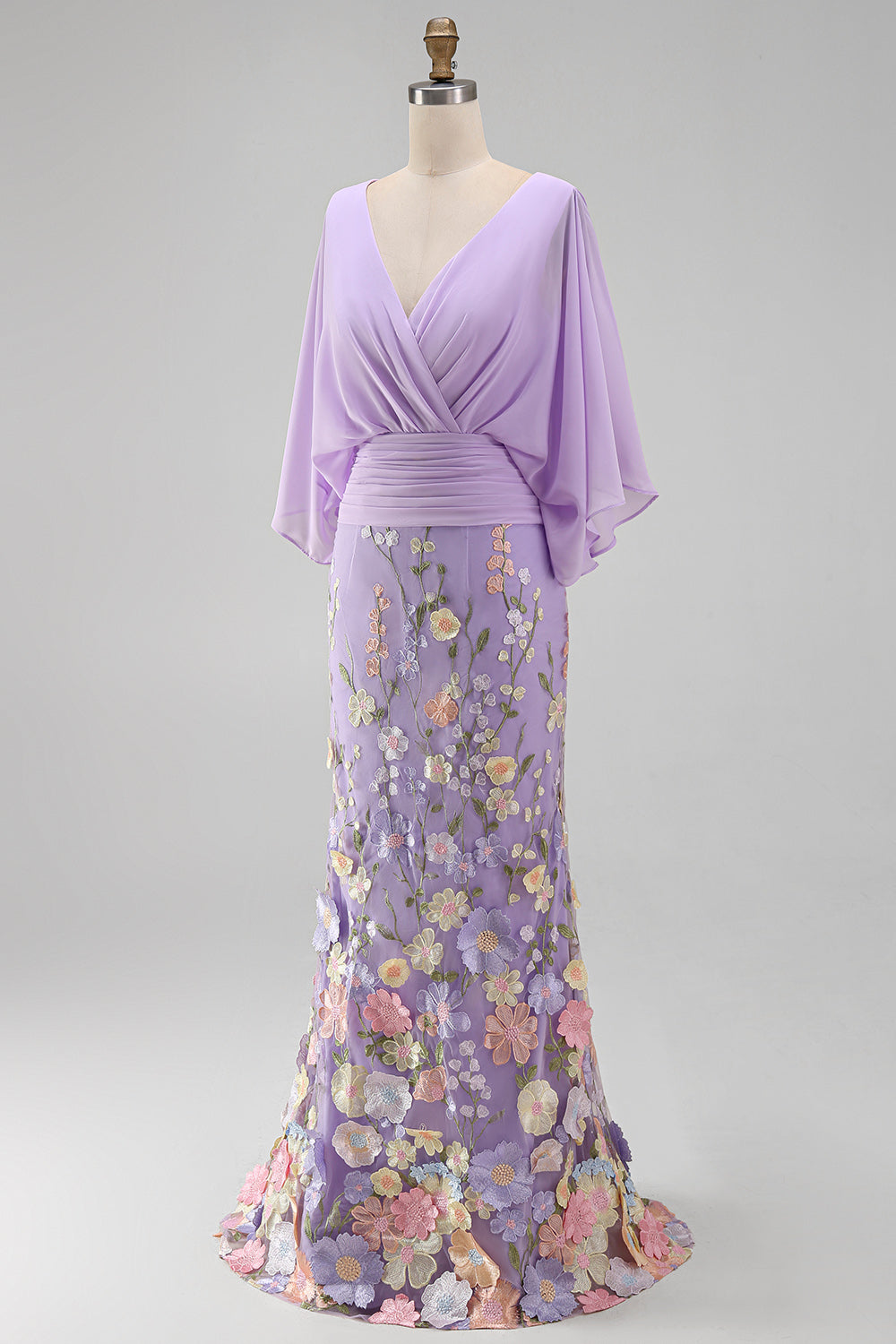 Champagne Long Floral Mermaid V-Neck Mother of the Bride Dress with Sleeves