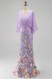 Champagne Long Floral Mermaid V-Neck Mother of the Bride Dress with Sleeves