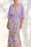 Champagne Long Floral Mermaid V-Neck Mother of the Bride Dress with Sleeves
